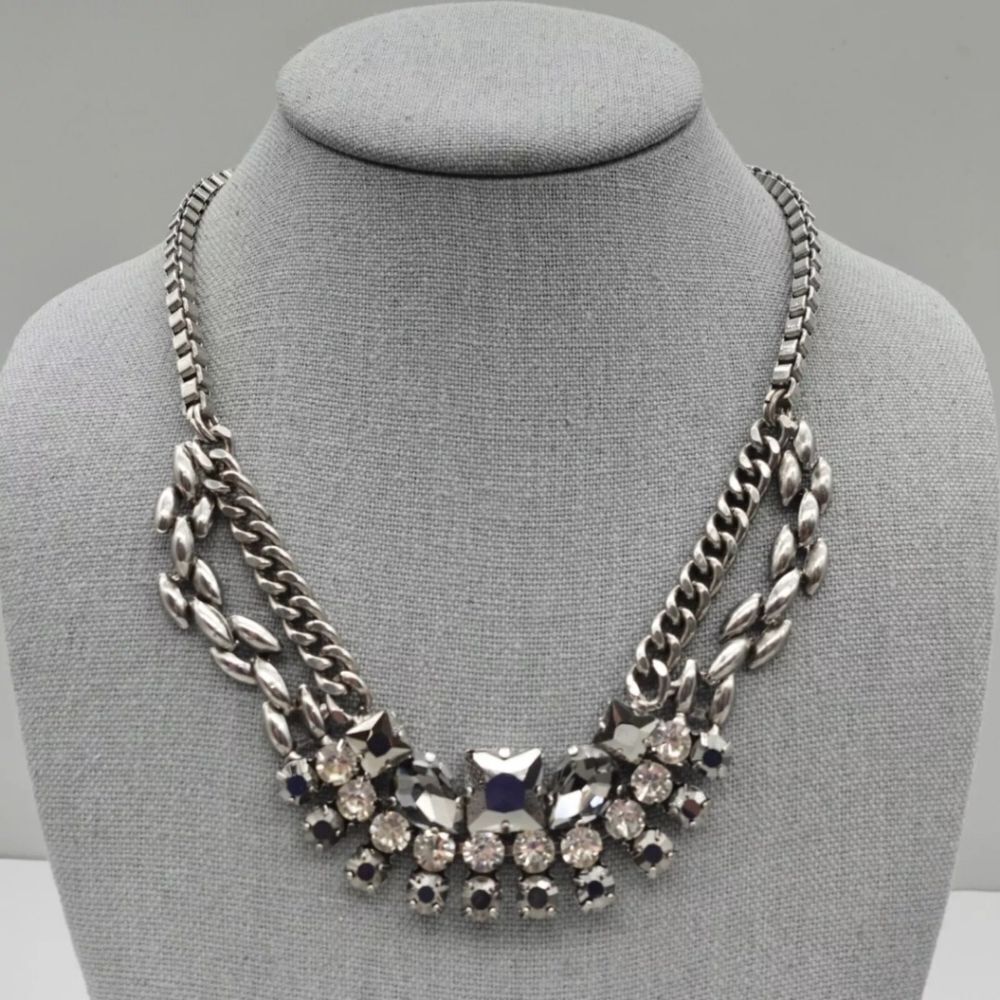 LOFT Necklace Statement Smokey Crystal Bib Pendant Gunmetal Chains 16 Inch
